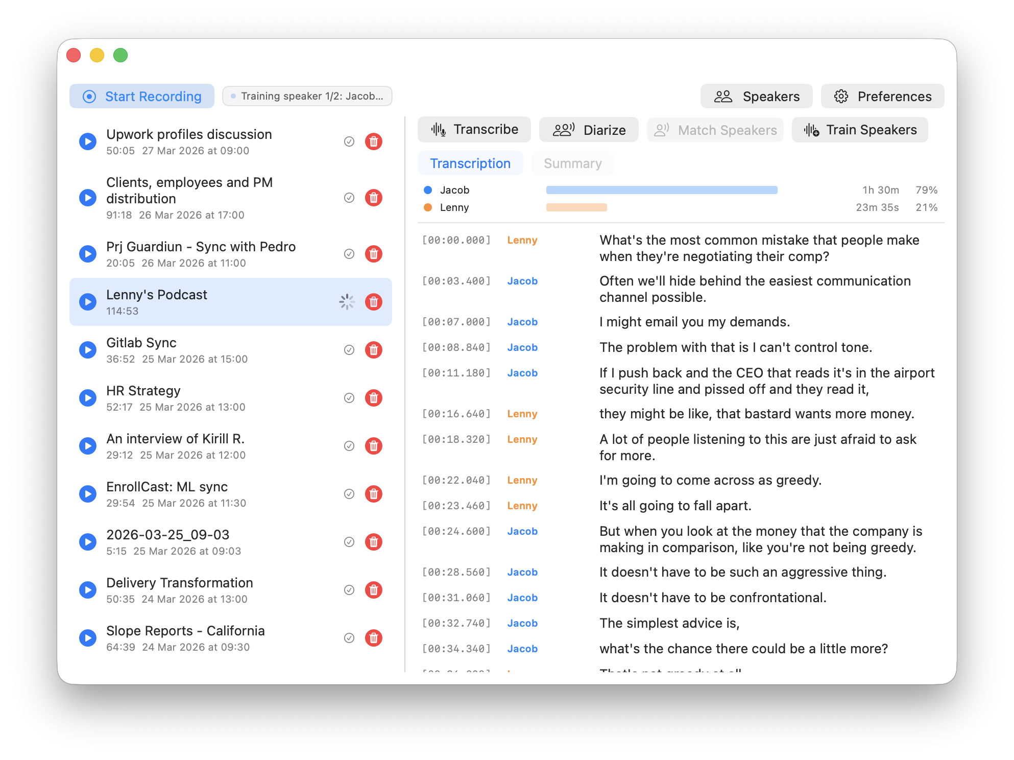 Tironian Notes main recording and transcript view